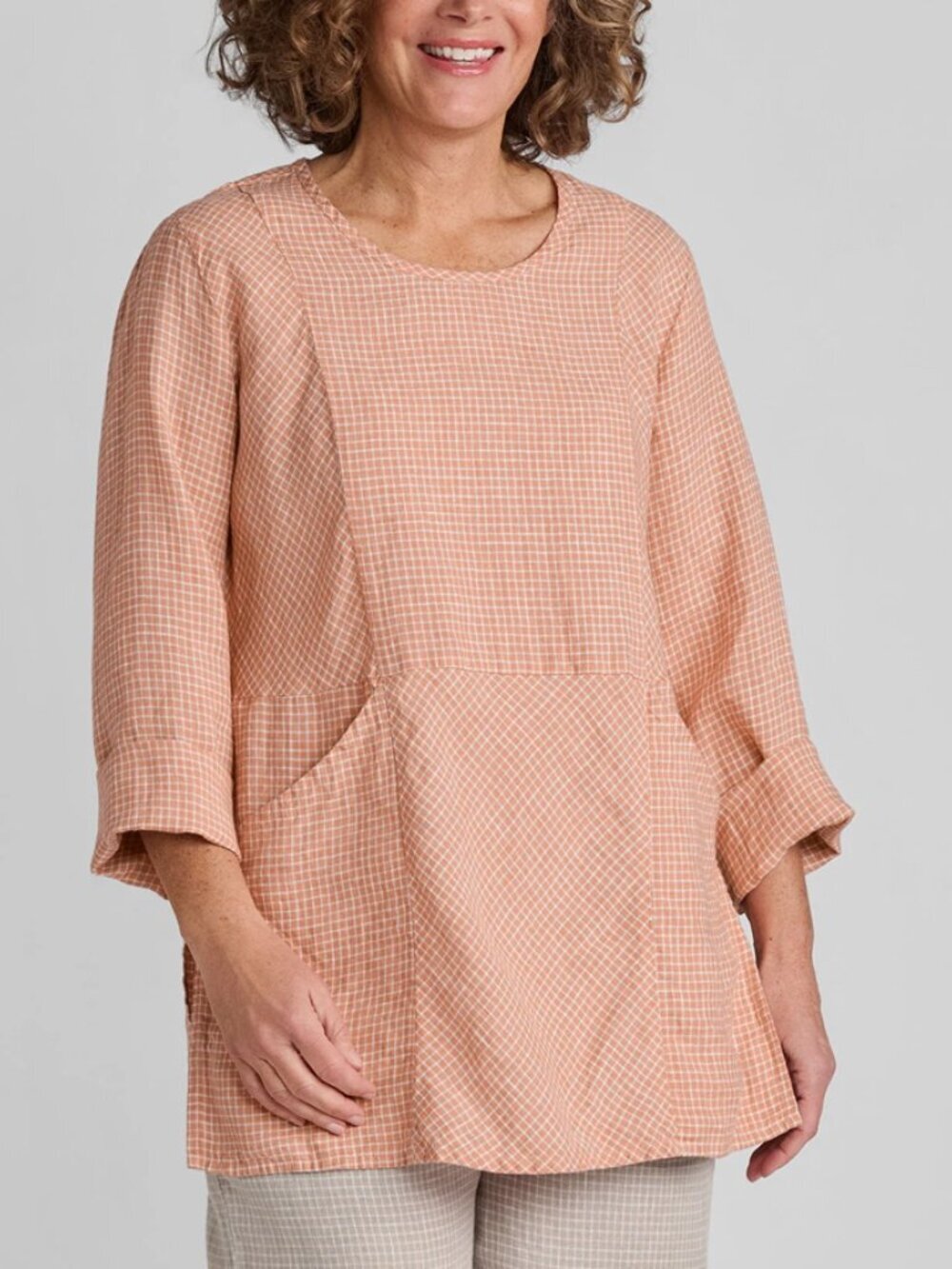 FLAX Picnic Shirt Linen Pullover in Apricot Gingham Size S